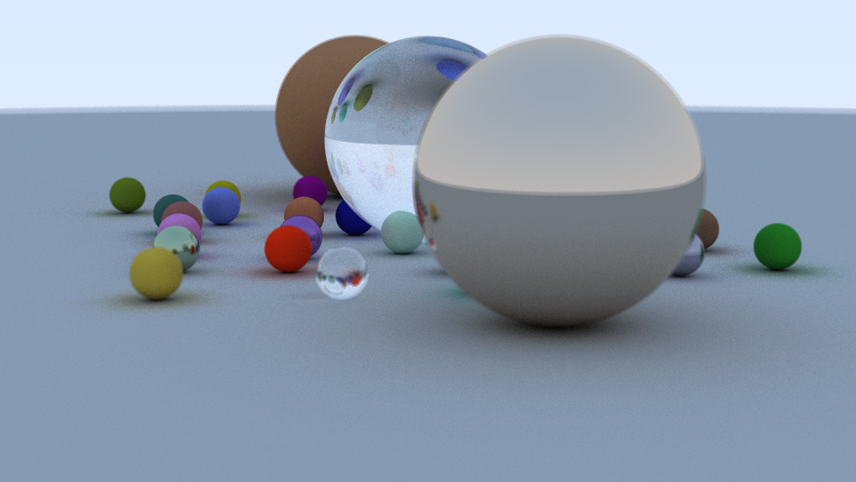 Image showing three larger spheres, one with a lambertian material, one with a dielectric material and one with a metallic material. They are surrounded by smaller spheres of various materials.